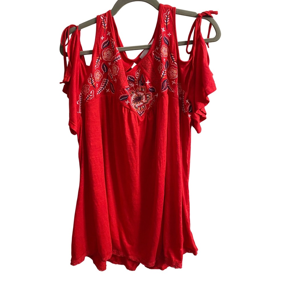 Kelly Renee Red Cold Shoulder Floral Embroidered Blouse Plus 1X TS28034